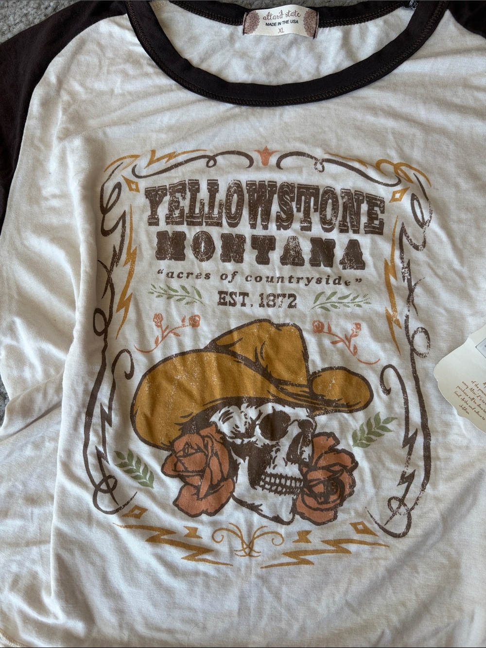 NWT Altar'd State Cream Tee with Brown Trim and Brown Graphic - Picture 5 of 7